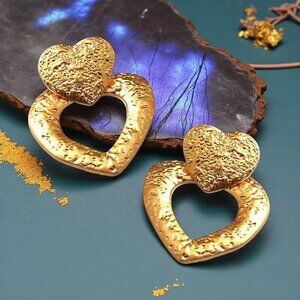 Boho Chic Heart Textured Statement Earrings 18K Gold Plated Stainless Steel